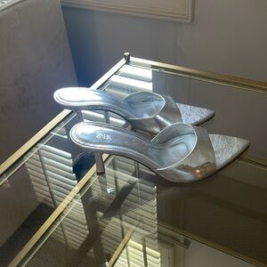 Zara Heeled Metallic Silver Slides